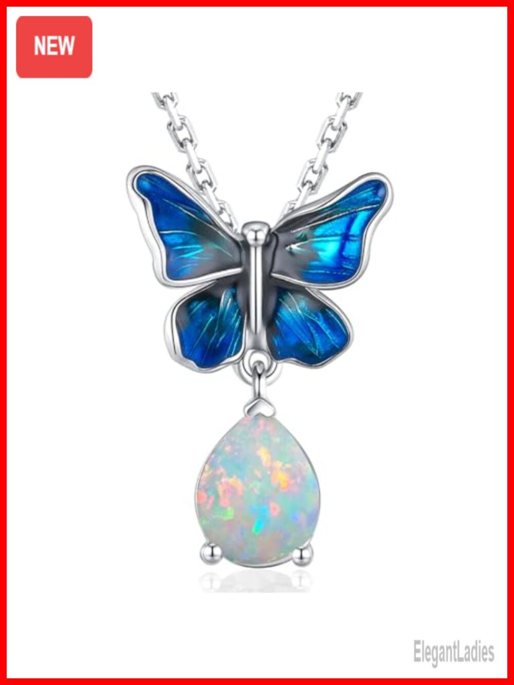 925 Sterling Silver Butterfly Necklace Created Opal Birthstone Pendant